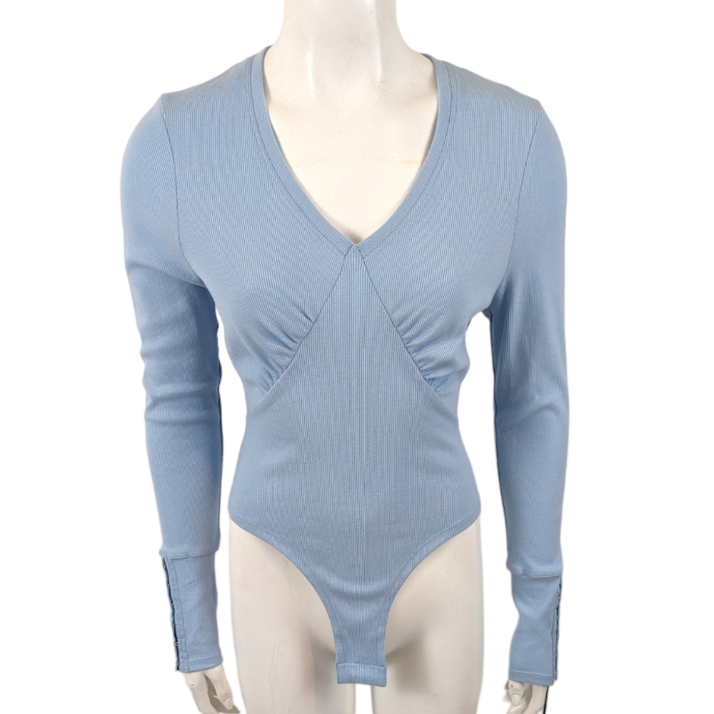 7 For All Mankind Y2K Ribbed Knit Bodysuit NEW Vneck Long Sleeve Womens Medium